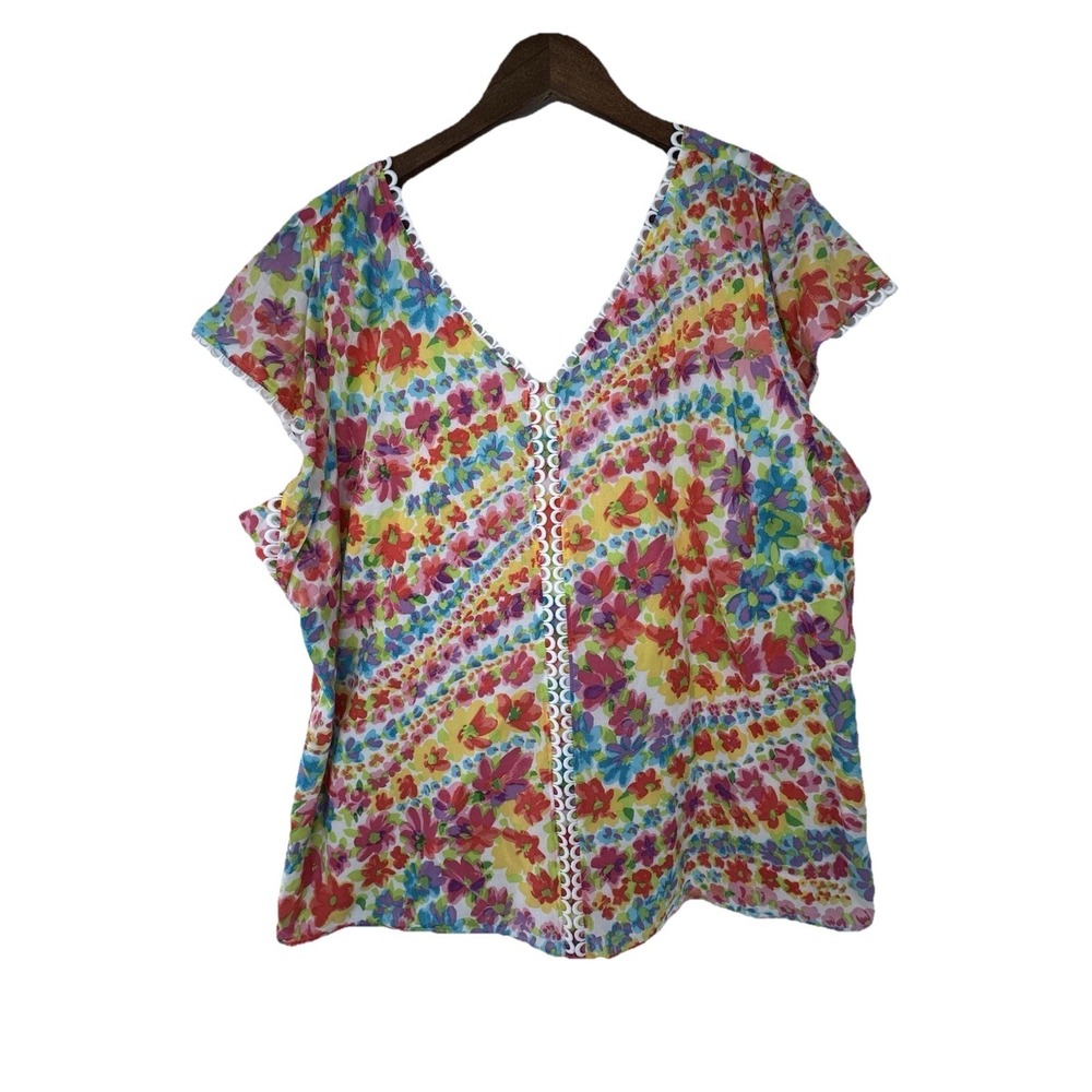 Talbots 2X Plus Blouse Floral Cap Sleeve V Neck Lined Cotton Multicolor‎ Cottage